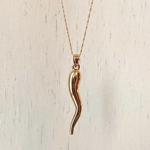14KT Yellow Gold Cornicello Italian Horn Pendant Chain Necklace NEW Large 50mm - Picture 1 of 7
