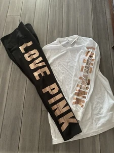 Victoria's Secret Pink Campus Tee Shirt + Leggings Set Rose Gold Logo L ❤️❤️❤️ - Picture 1 of 5