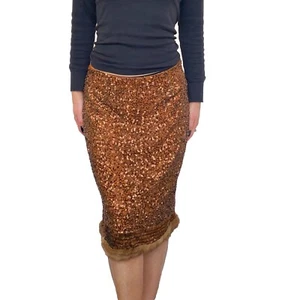 ETRO Skirt Vintage Bronze Sequin Real Fur Trim Hem Orange Silk Lined IT 44 UK 12 - Picture 1 of 8