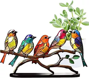 Stained Birds On Branch Desktop Ornaments Double Sided Metal Flatness Table Art - Picture 1 of 7