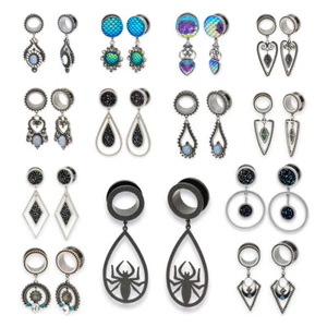 Pair of 316L Stainless Steel Plugs with Ornate Dangle tunnels dangling - Picture 1 of 14