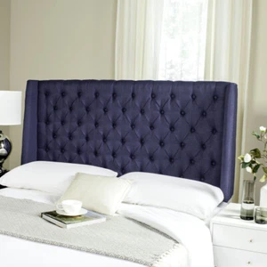 SAFAVIEH London Linen Tufted Winged Headboard Flat Nail Head | Navy | Full | - Picture 1 of 5