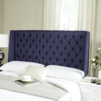 SAFAVIEH London Linen Tufted Winged Headboard Flat Nail Head | Navy | Full | - Image 1 of 4