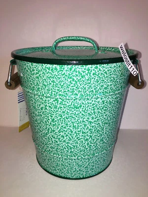 CUBO DE HIELO VINTAGE LK VERDE AZULADO ESMALTADO MOTEADO CON ASAS DE MADERA.  revestimiento de plástico. Foto 1 de 4