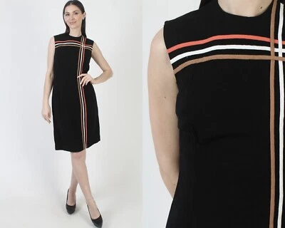 Vestido Vintage Años 50 Rayas Mediados de Siglo Moderno MCM Cóctel Pin Up Negro Mini Foto 1 de 4