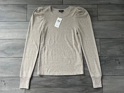 ESPLÉNDIDO TOP DE MEZCLA DE ALGODÓN CON HOMBROS ABULLONADOS, RAYAS BEIGE, BRILLANTE, NUEVO CON ETIQUETAS $78 Foto 1 de 2