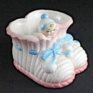 VTG West Pac Japan Hand Painted Baby Boy Knitted Booties Ceramic Holder Planter - Picture 1 of 10
