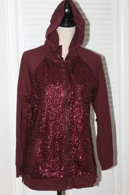 ¡NUEVO ISAAC MIZRAHI EN VIVO! Capucha frontal con cremallera lentejuelas caoba con bolsillos M A345608 Foto 1 de 3