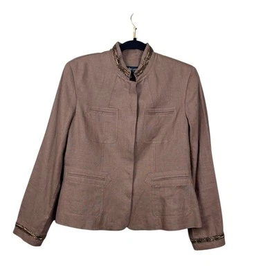 Style & Co Women’s Petites Blazer Jacket Size 10P Linen Brown Beaded Button - Image 1 of 4