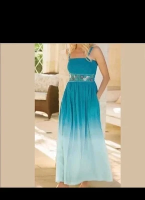 Vestido Soft Surroundings Teal Ombré Hamptons Grande Pequeno Desbotado Bordado Boho - Imagem 1 de 4
