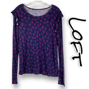 Loft Long Sleeve T-Shirt Navy Purple Leopard Ruffle Sleeve Womens Size Small - Picture 1 of 12