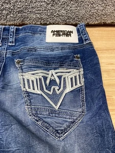 American Fighter 36 Buckle Legend Jeans Slim Straight Distressed Blue Altered** - Picture 1 of 20