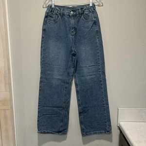 Girls Blue Jeans 5 Medium Blue Wide Leg High Rise Faded Classic Stretch Waist - Picture 1 of 8