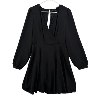 Express Dress Womens Small Black Long Sleeve V Neck Fit Flare Mini Textured New - Image 1 of 4
