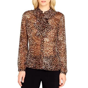 Tahari ASL Sheer Long Sleeve Stand Collar Animal Print Ruffled Blouse Plus SZ 1X - Picture 1 of 10