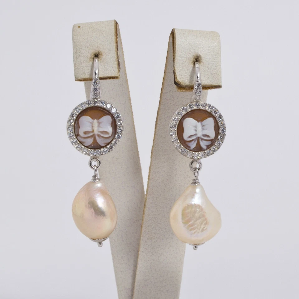 ORECCHINI IN ARGENTO 925 CON ZIRCONI PERLE BAROCCHE E CAMMEI AGHT 0715 - Immagine 1 di 1