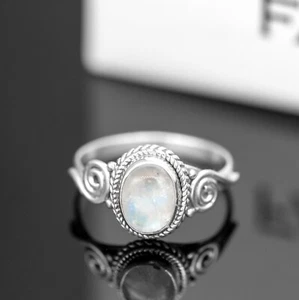 925 Sterlingsilber Damen Oval Schnitt Mondstein Ring Edelstein Schmuck Geschenk - Bild 1 von 6