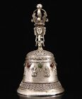 7" Old Tibet Buddhism Miao Silver Copper Gem Guan Yin Goddess Buddha Bell Clock