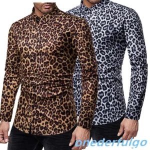 Mens Long Sleeve Button Down Dress Shirt Vintage Leopard Print Causal Shirts - Picture 1 of 53