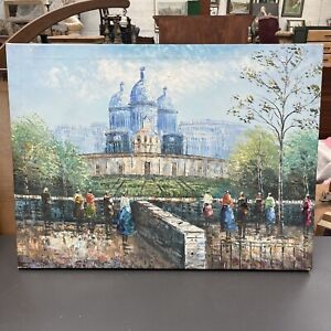 Large Oil On Canvas Painting Parisian Street Scene Paris Unsigned