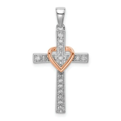 14K Two-tone Gold Lab-Created Diamond SI1/SI2, G H I, Heart Cross Pendant - Image 1 of 4