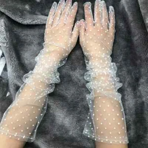 Dot Bride Long Stretch Gloves Lace Mesh Tulle Women Semi Sheer Black Wedding - Picture 1 of 4