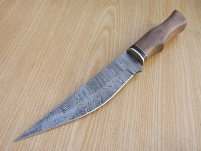 Forged Damascus Steel Handmade Hunting Knife Trailing Wood Handle + Sheath - Image 1 of 4