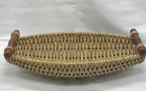 Vtg Seagrass Hand-Woven Cording Wooden Handles LG Oblong Serving Basket 15" Cover