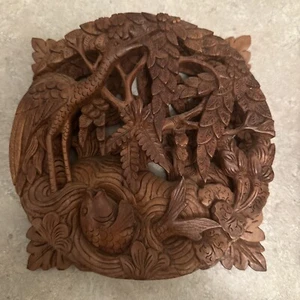 HAND CARVED WOOD High Relief 3D BIRD / FISH SCENE WALL ART DECOR  Balinese 7.5" - Picture 1 of 8