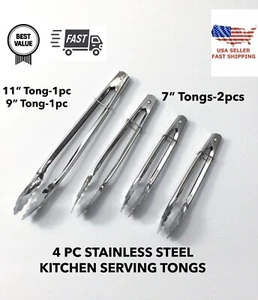 4 PINZAS DE ACERO INOXIDABLE PARA SERVIR COCINA PARRILLA BARBACOA TAMAÑO 11"" 9"" 7"" - Imagen 1 de 2