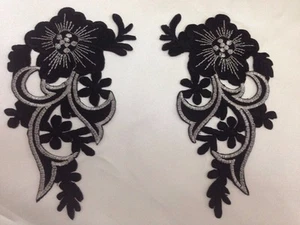 Black Floral Motif - iron/sew on embroidered flower embellishment applique - Picture 1 of 10