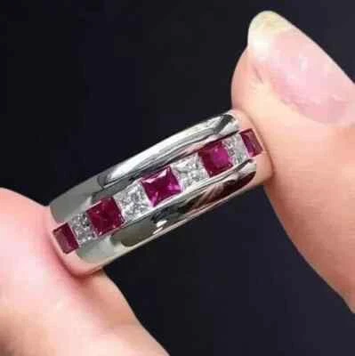 14KWhite Gold Plated 3Ct Princess Cut Lab Created Red Ruby Wedding Men's Ring - Image 1 of 4