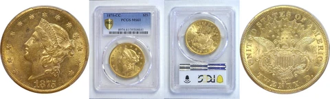 1875-CC $20 Gold Coin PCGS MS-61 Cover