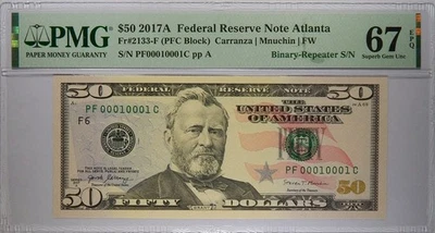00010001 True Binary Repeater Serial 2017A $50 Atlanta PMG Gem 67 EPQ Top Pop - Image 1 of 4