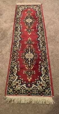 Antigua alfombra oriental vintage hecha a mano 22x72" flecos corredor decoración del hogar color largo Foto 1 de 4