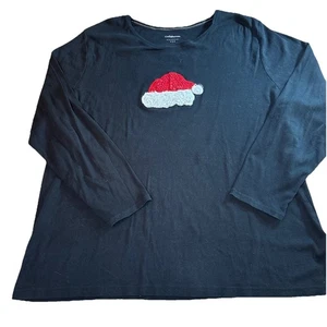 Croft & Barrow Langarm schwarz Nikolausmütze Weihnachten klassisches T-Shirt "NICE" 3X Plus - Bild 1 von 10