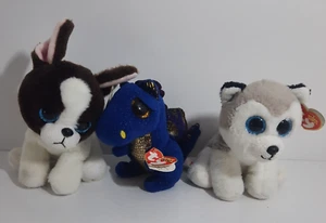 Ty Beanie Boo Dragon Husky Boston Terrier Dog Stuffed Plush Animal Lot Of 3 - Picture 1 of 17