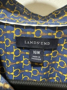 LANDS END Cotton Horse Bit Button Down, Size 16P Blue, Yellow, Brown Shirt Top - Picture 1 of 7