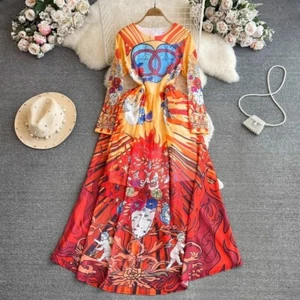Holiday O-Neck Long Sleeve Chiffon Maxi Dress Women's Bohemian Angel Flower - Picture 1 of 2