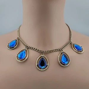 Blue Reardrop Rhinestone On Gold Tone Dangle Bib 16.5-18" Necklace - Picture 1 of 15