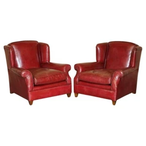 FEINES PAAR ANTIKE ART DECO 1920ER BORDEAUX LEDER TIEFE FLÜGEL CLUB SESSEL - Bild 1 von 24