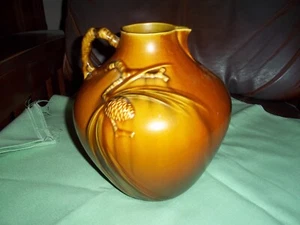 Roseville 708 Pinecone Large Pitcher Vase Brown w Foil Sticker - Picture 1 of 5