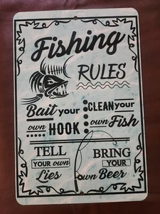 Fishing Rules Bait Hook Beer Fish Bones Wall Aluminum Tin Metal Sign 12" x 8" - Picture 1 of 2