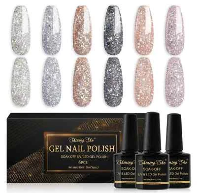 UV Nagellack Glitzer, 6 Farben Glänzend Glitzer Shellac Gel Nagellack Set Soak-O - Bild 1 von 4