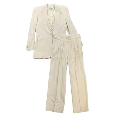 Terno calça feminino vintage Giorgio Armani 12 creme viscose mistura de lã feito na Itália - Imagem 1 de 4