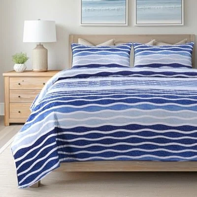  3-Piece Quilt Set - Size with 2 Shams, Coastal Beach House Queen Blue Wave - Image 1 of 4