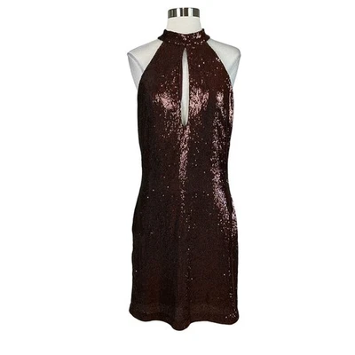 Halston Women's Cocktail Dress Size 10 Copper Brown Sequin Cut Out Mini Sheath - Image 1 of 4