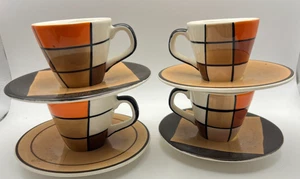 Set of 4 Heus N Brews Coffee Espresso Cups & Saucers Orange Geometric Vintage - Picture 1 of 6