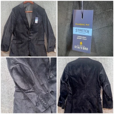 Stafford Mens Classic Fit Black Corduroy Sport Coat Blazer Jacket Sz 44R NEW - Image 1 of 4
