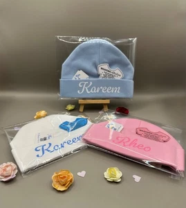 Baby Beanie Hats Personalised Named Pink Blue White Boy Girl 0-3 - Picture 1 of 23